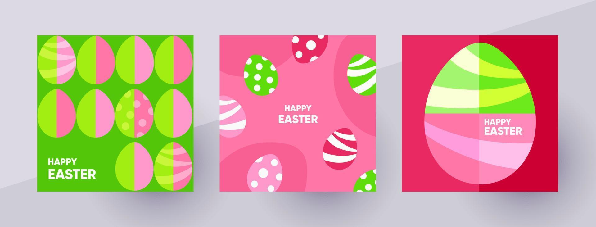 Happy Easter illustrations in minimalistic style. Easter eggs in vivid colors. Template for social media post, poster, card, flyer. Vector illustration.
