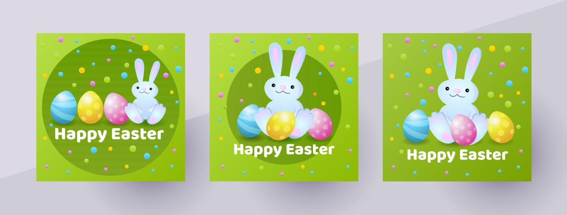 Happy Easter social media post with colorful eggs and bunny. Template for banner, greeting card, poster. Vector illustration