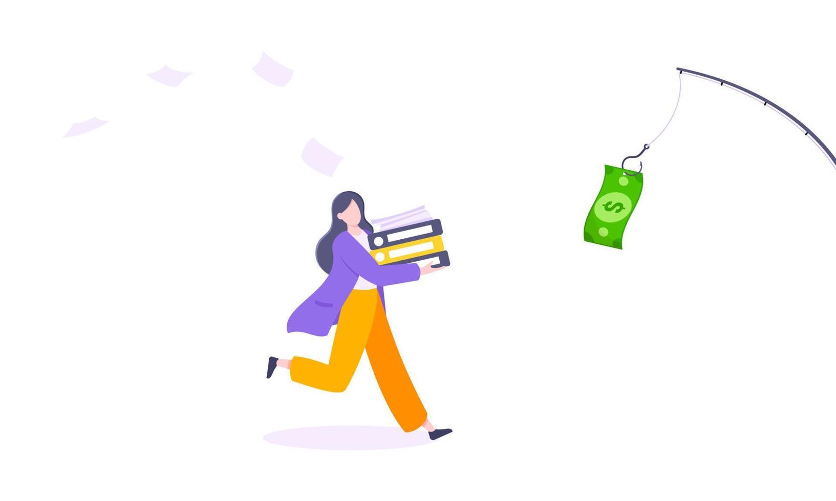 Money chase business concept with businesswoman running after dangling dollar vector