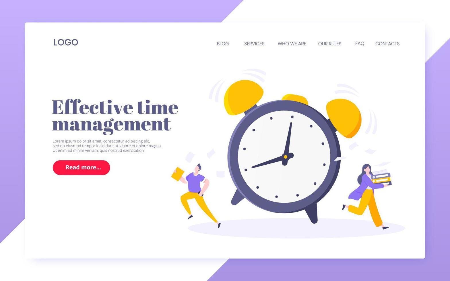 Good working time or effective time management business concept. Analog alarm clock rings and people hurry up to work or education exam vector illustration. Quick reaction awakening and deadline.