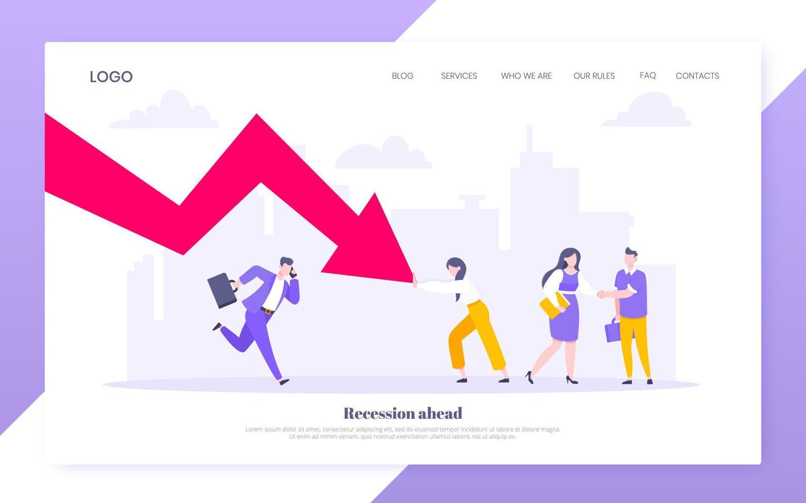 Cost reduction and business bankruptcy concept. Young adult people pushed red crisis arrow downturn vector illustration.