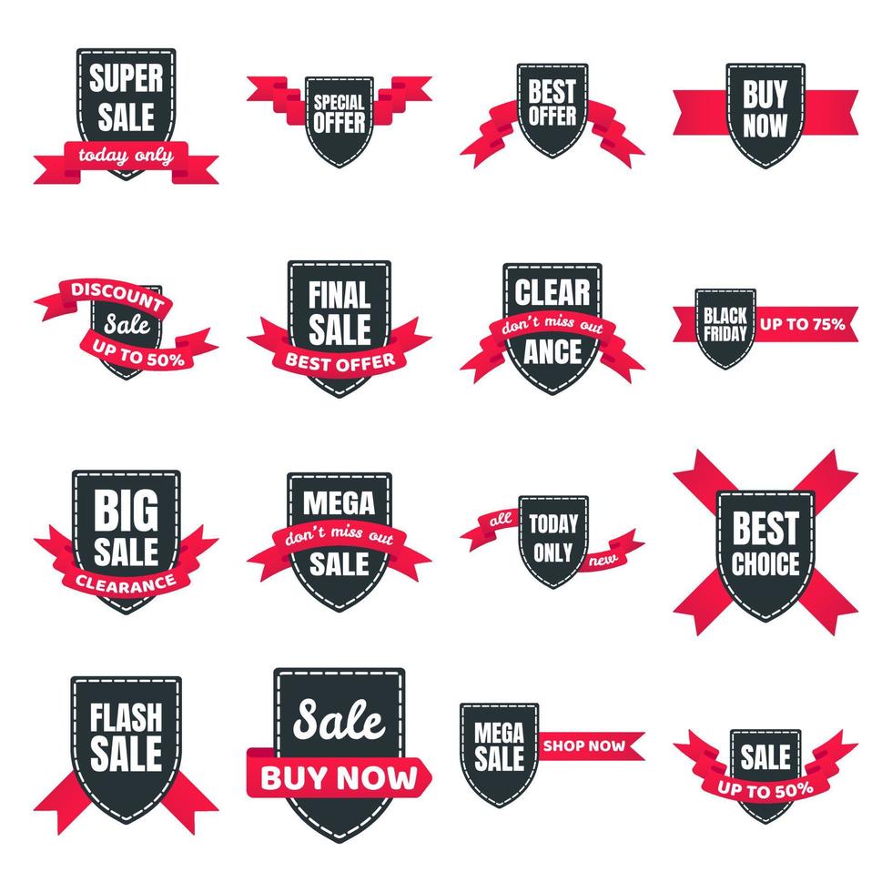 16 shield tag ribbon badge sale label concept template vector illustration isolated on white background set. Sale, black friday, best offer, hot, flash web banners elements for website and advertising