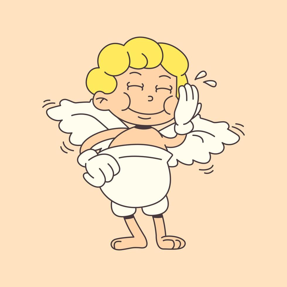 Laughing Cupid in trendy groovy style. Old cartoon style vector