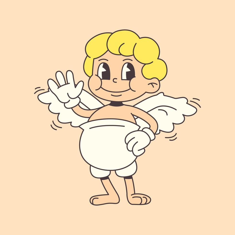 Cupid waves his hand in trendy groovy style. Old cartoon style vector