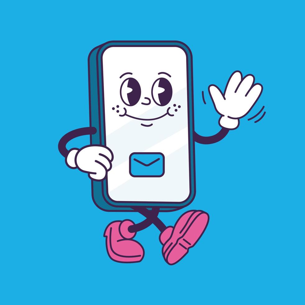 Phone in trendy groovy style waves his hand and greets. Old cartoon character. vector