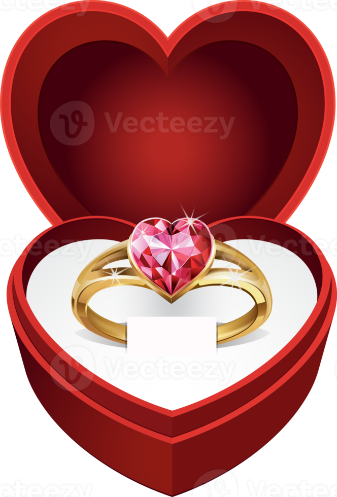 Gold ring with pink heart gemstone in red velvet Box png