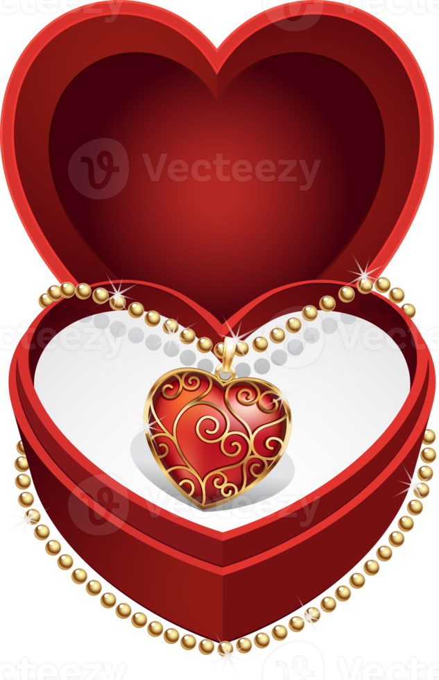 gold necklet with red heart gemstone in red velvet box png
