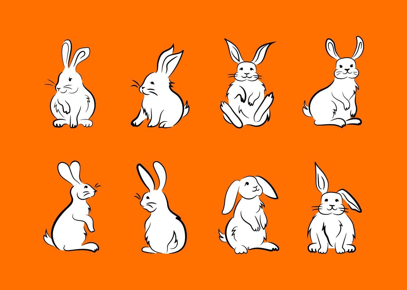 conjunto de ilustraciones de bocetos de lindos conejos esponjosos, liebres. conejitos en varias poses. contorno de pincel negro dibujado a mano y relleno de color blanco. clip art creativo hecho en líneas simples, para impresiones vector