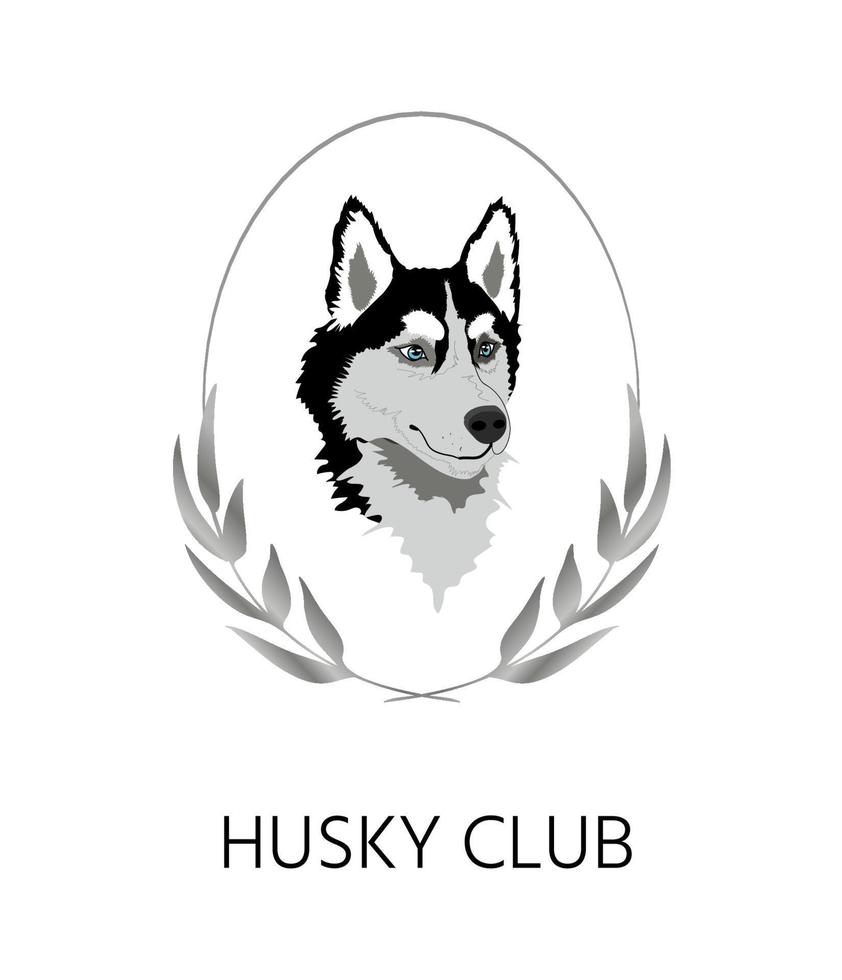 Realistic black and white blue-eyed fluffy Siberian husky dog, portrait in silver wreath and oval shape, symbol for dog breeders. Hand-drawn hound illustration on white background for various prints vector