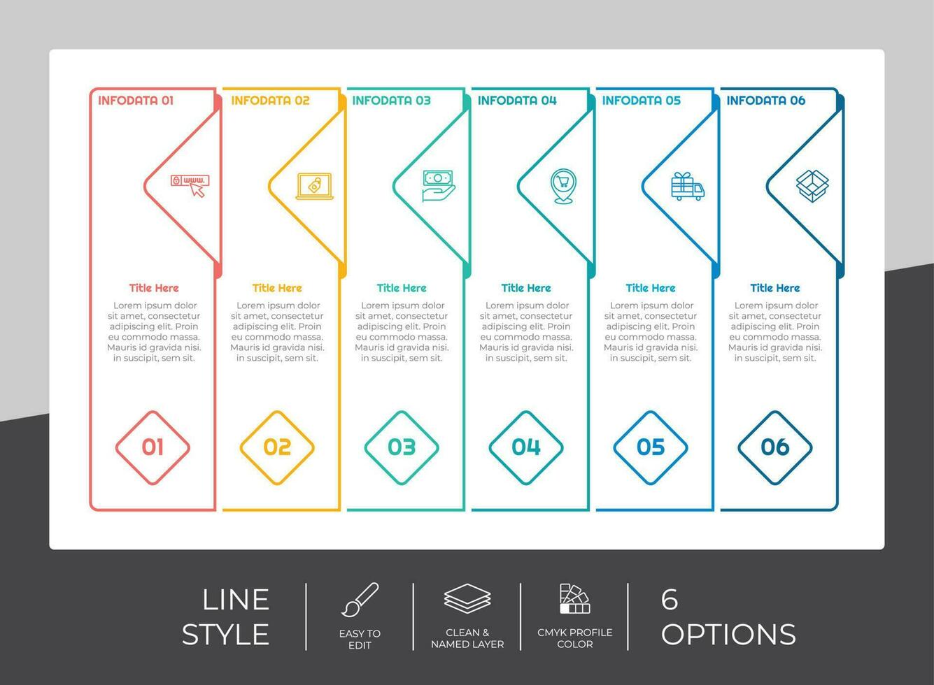 diseño de vector infográfico cuadrado de flujo de trabajo con 6 opciones y diseño de línea. la infografía de opción se puede utilizar para presentación, informe anual, propósito comercial.