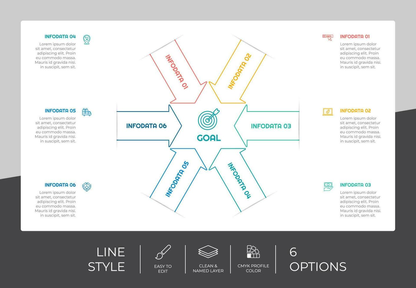 diseño de vector infográfico de proceso de flecha con estilo colorido de 6 pasos para fines de presentación. La infografía de paso de línea se puede utilizar para negocios y marketing