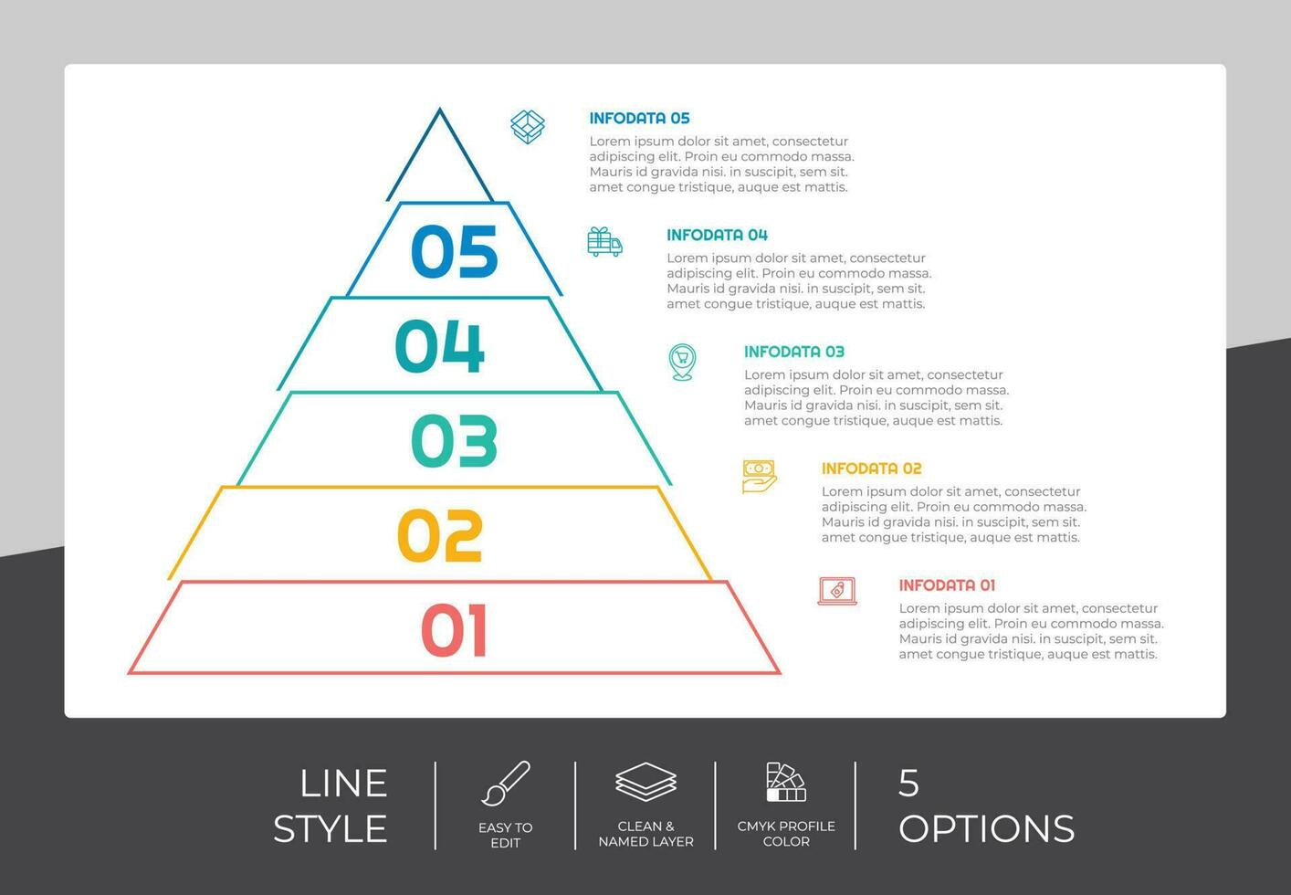 diseño de vector de infografía de proceso de triángulo con estilo colorido de 5 pasos para fines de presentación.la infografía de paso de línea se puede utilizar para negocios y marketing