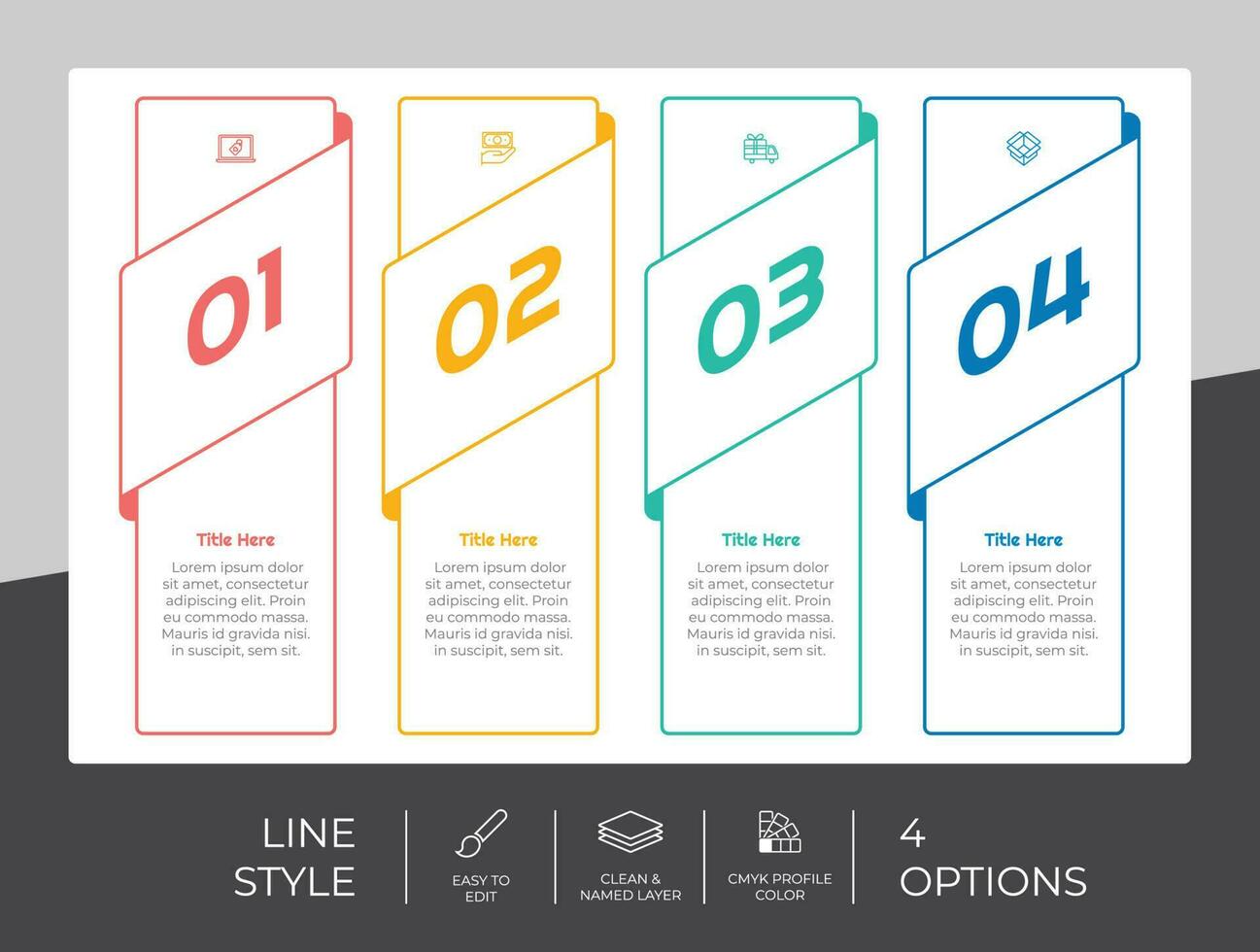 diseño de vector infográfico de proceso cuadrado con estilo colorido de 4 pasos para fines de presentación.infografía de paso de línea se puede utilizar para negocios y marketing