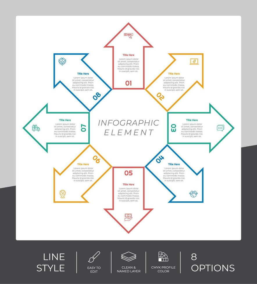 Arrow process infographic vector design with 8 steps colorful style for presentation purpose.Line step infographic can be used for business and marketing