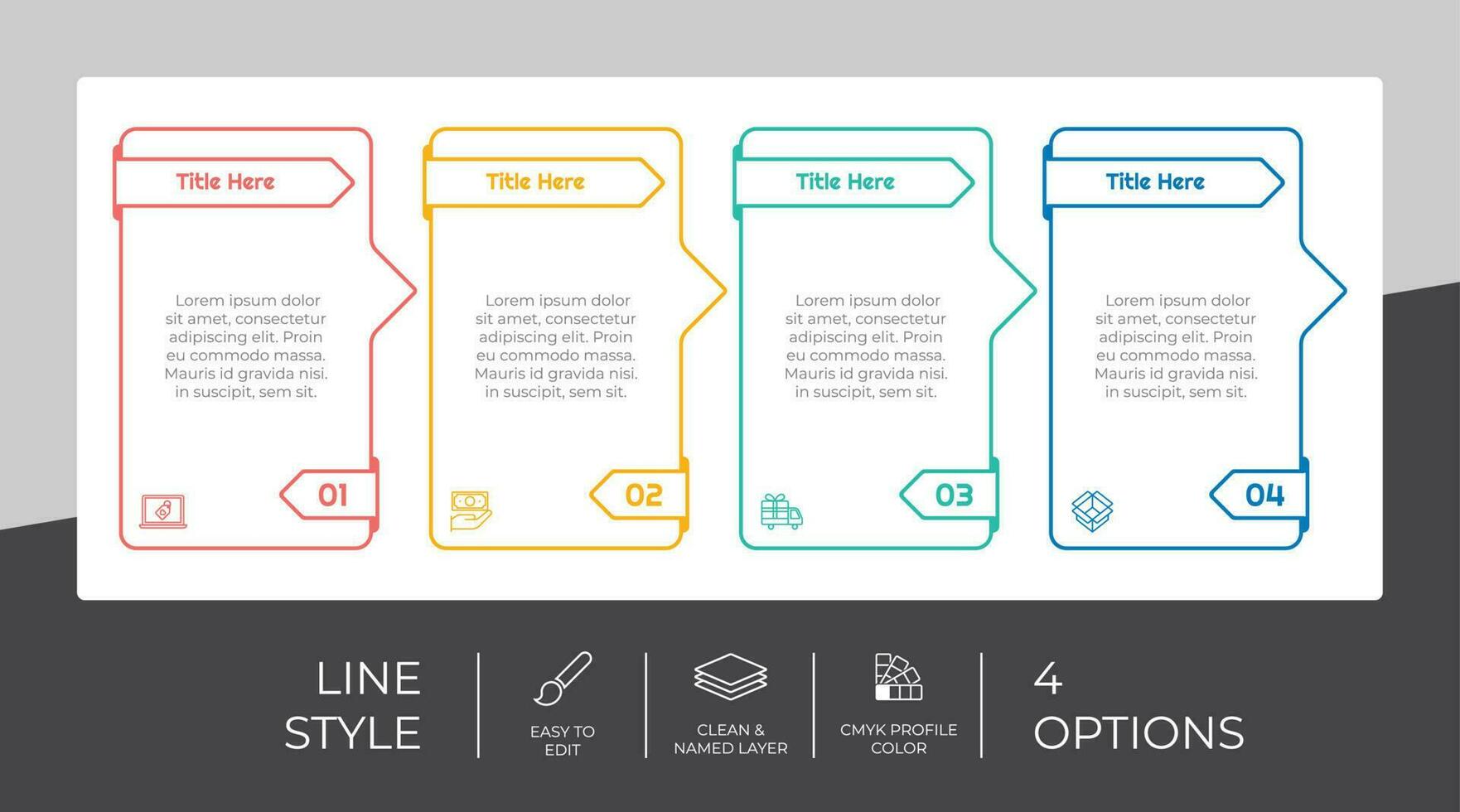 diseño de vector infográfico cuadrado de flujo de trabajo con 4 opciones y diseño de línea. la infografía de opción se puede utilizar para presentación, informe anual, propósito comercial.