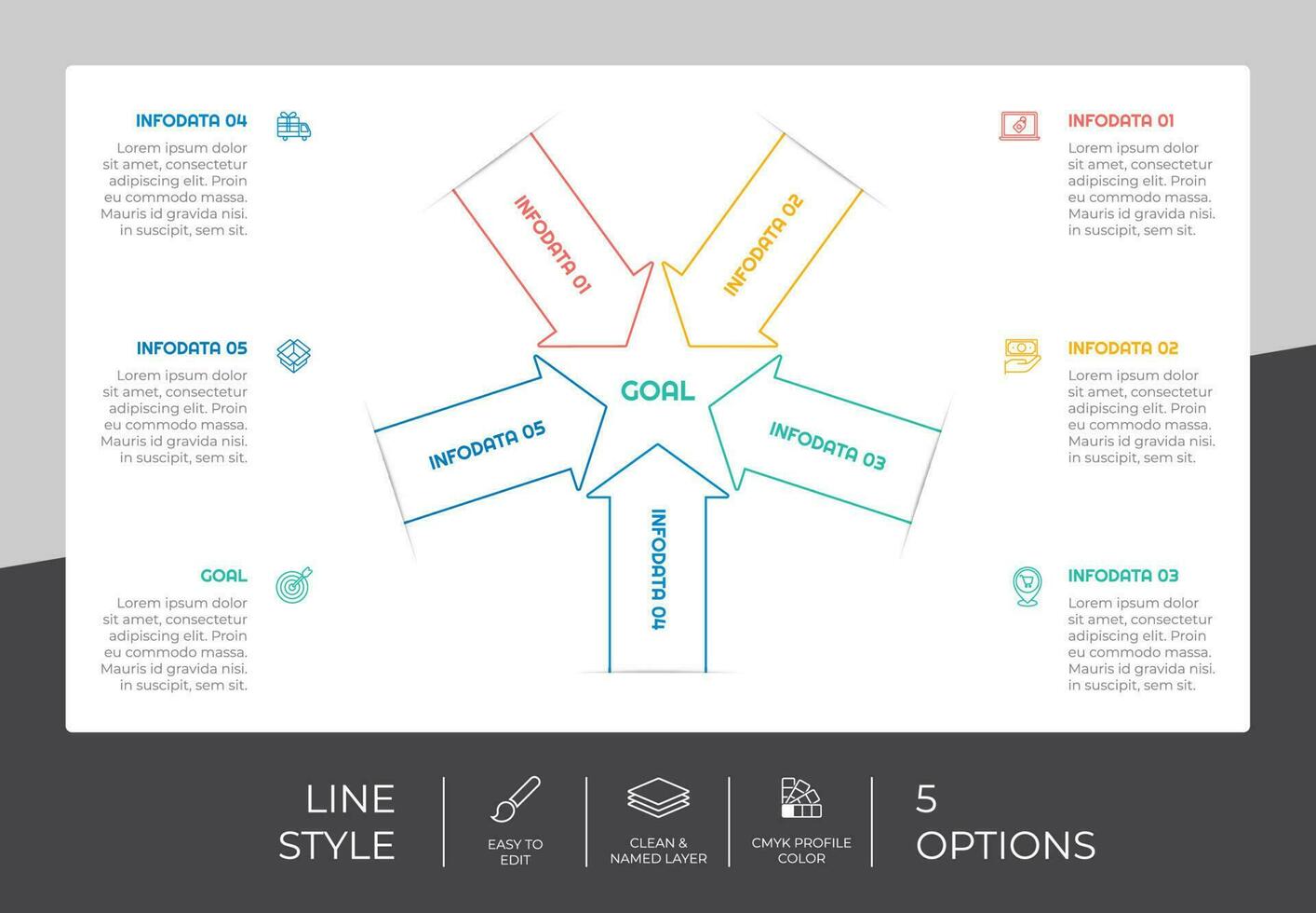 diseño de vector de infografía de proceso de flecha con estilo colorido de 5 pasos para fines de presentación.la infografía de paso de línea se puede utilizar para negocios y marketing