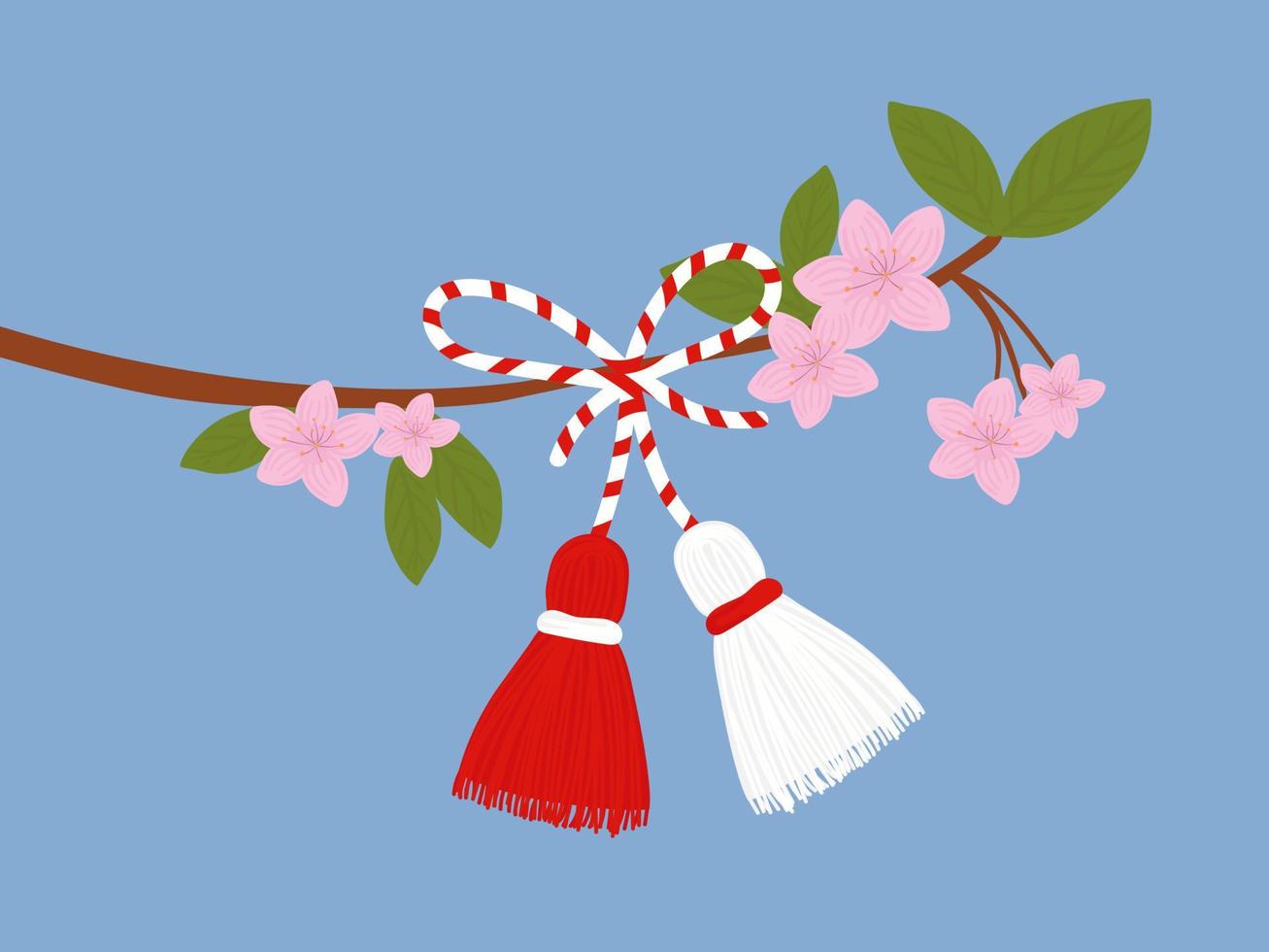 martisor talismán en una rama. accesorio tradicional para las vacaciones de principios de primavera en rumania y moldavia. símbolo de primavera rojo y blanco. vector