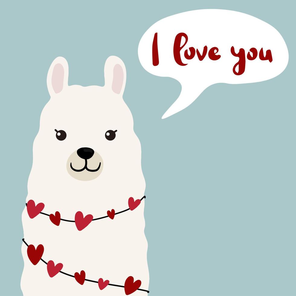 linda ilustración de llama sobre fondo azul con corazones en estilo plano de dibujos animados. alpaca enamorada ilustración vectorial para estampados, textiles, tarjetas de felicitación, carteles, etc. ilustración vectorial vector