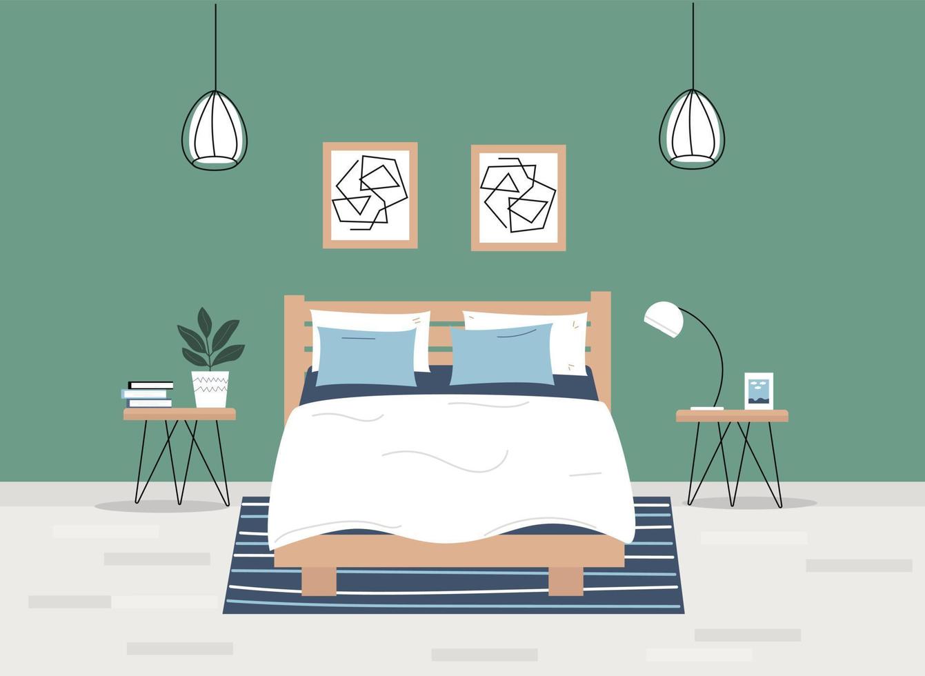 Modern bedroom with furniture. Bed, table, lamps, carpet. Vector illustration in flat style.