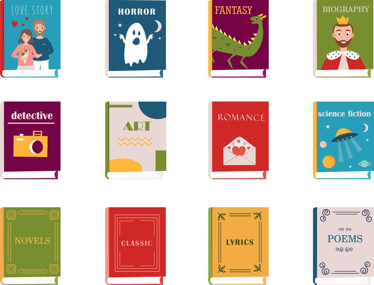 Genre of books. Books covers, front view. Biography, adventure, novel, poem, fantasy, horror, love story, detective, art, romance, lyrics. Vector illustration for library, book store, shop.