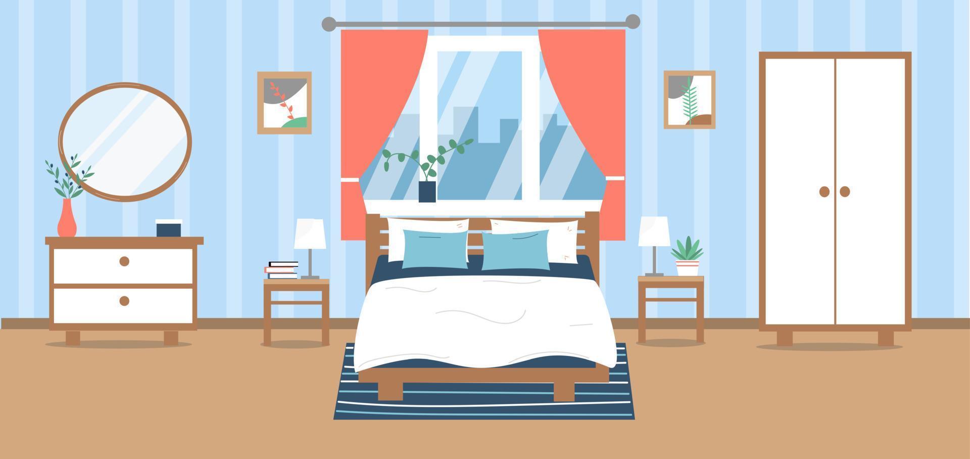 Modern bedroom interior. Bed, wardrobe, wardrobe, plants, pictures, decoration. Vector illustration in flat style.