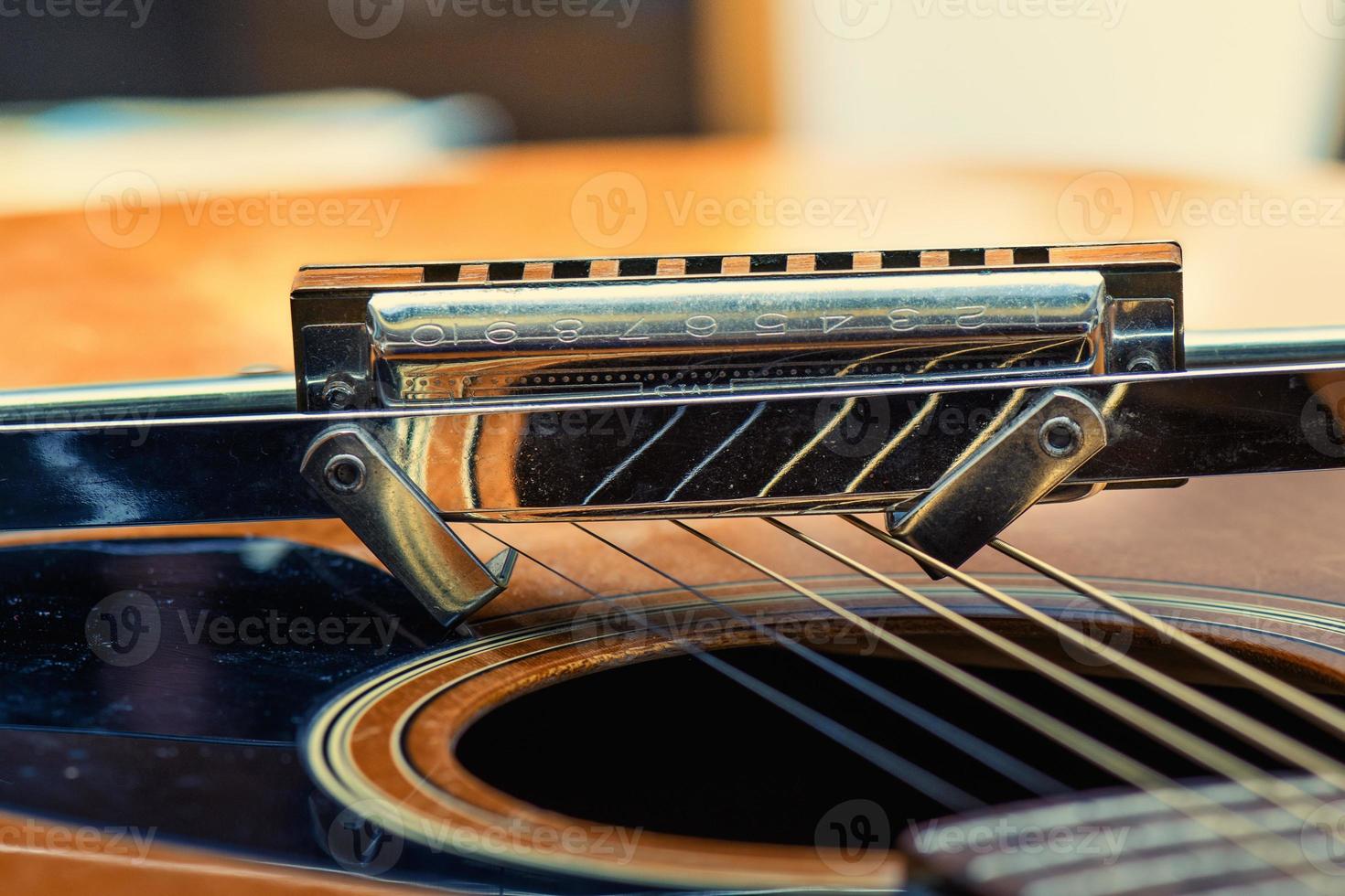 A blues harmonica and acoustic guitar photo