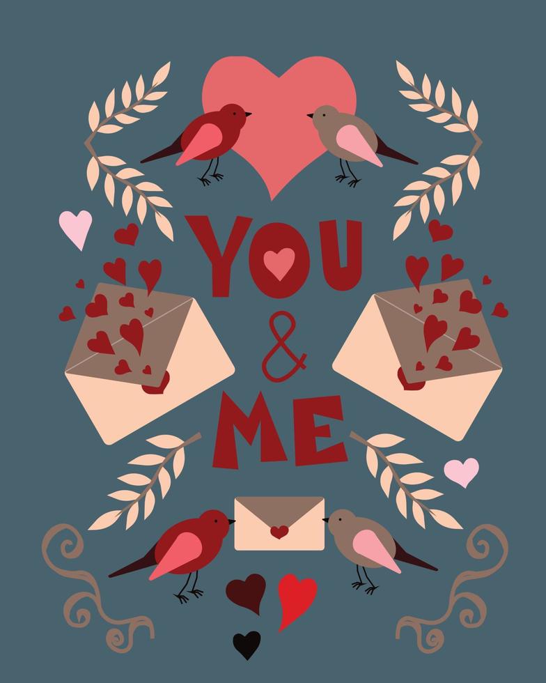Vector illustration with lettering You and me, hearts, birds, tree branches. Valentine's day card, greeting card, invitation, print, poster, social media template