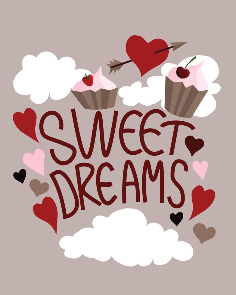 Vector illustration with lettering Sweet dreams. Greeting card, social media template, print, poster, Valentine's day card