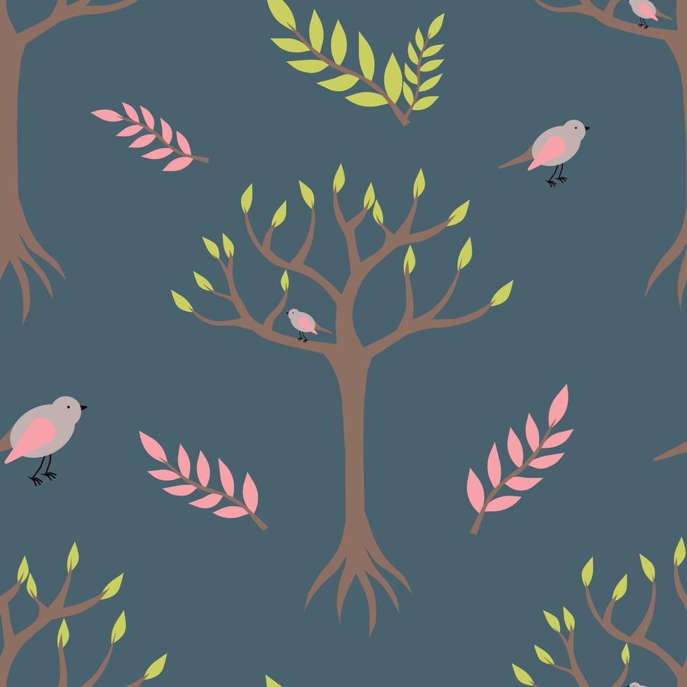 Vector minimalistic seamless pattern with stylized trees and birds on blue. Suitable for web pages, social media, apps, cards, textile or paper prints