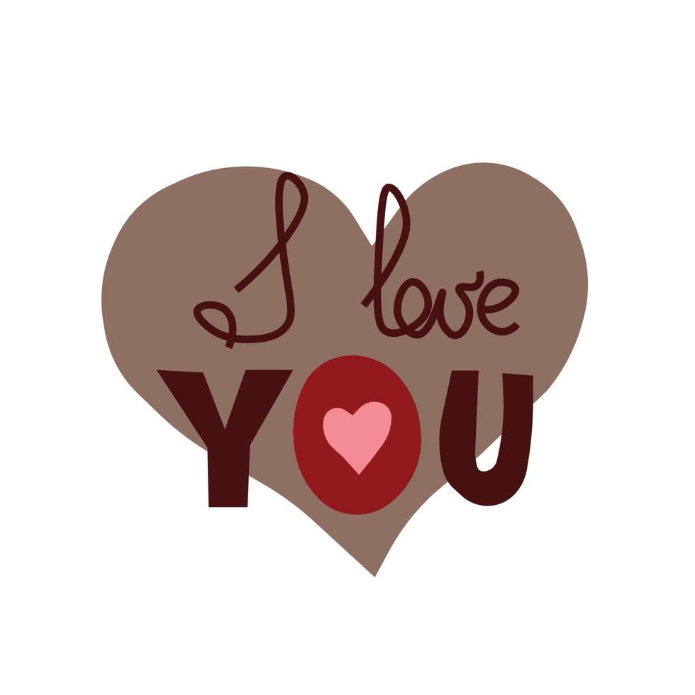 Square vector illustration with lettering I love you with a brown heart on white background. Print, poster, greeting card, icon, sticker, Valentine's day card