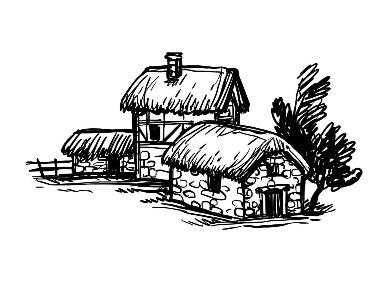 boceto en tinta de antiguas casas de campo. vector