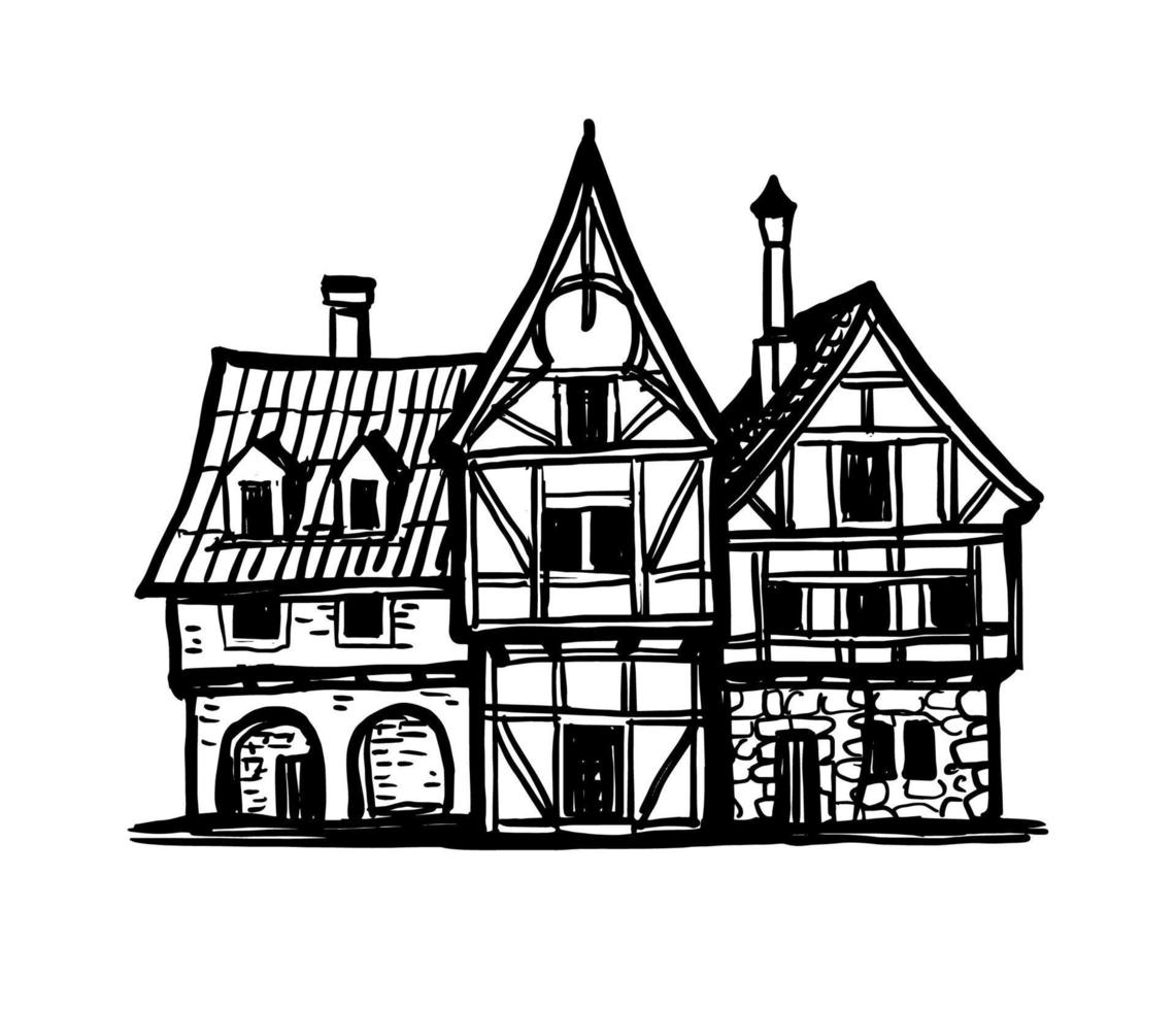Ink sketch of medieval European houses. vector