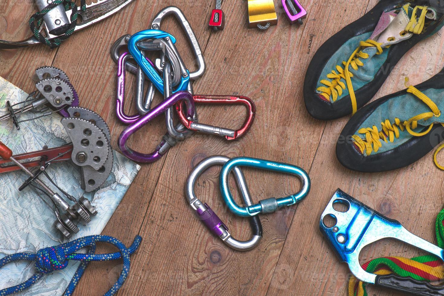 Rock climbing material resting on the floor photo