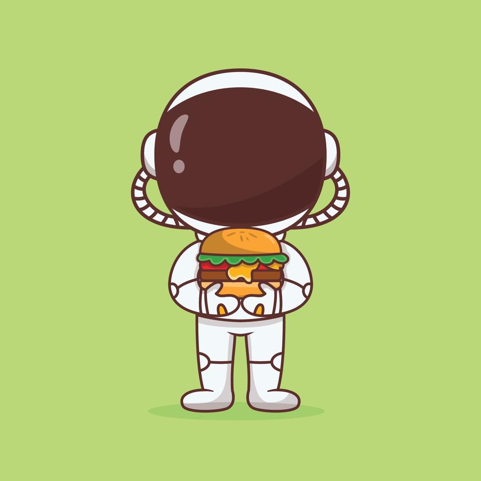 Cute astronaut with big burger cartoon illustration vector