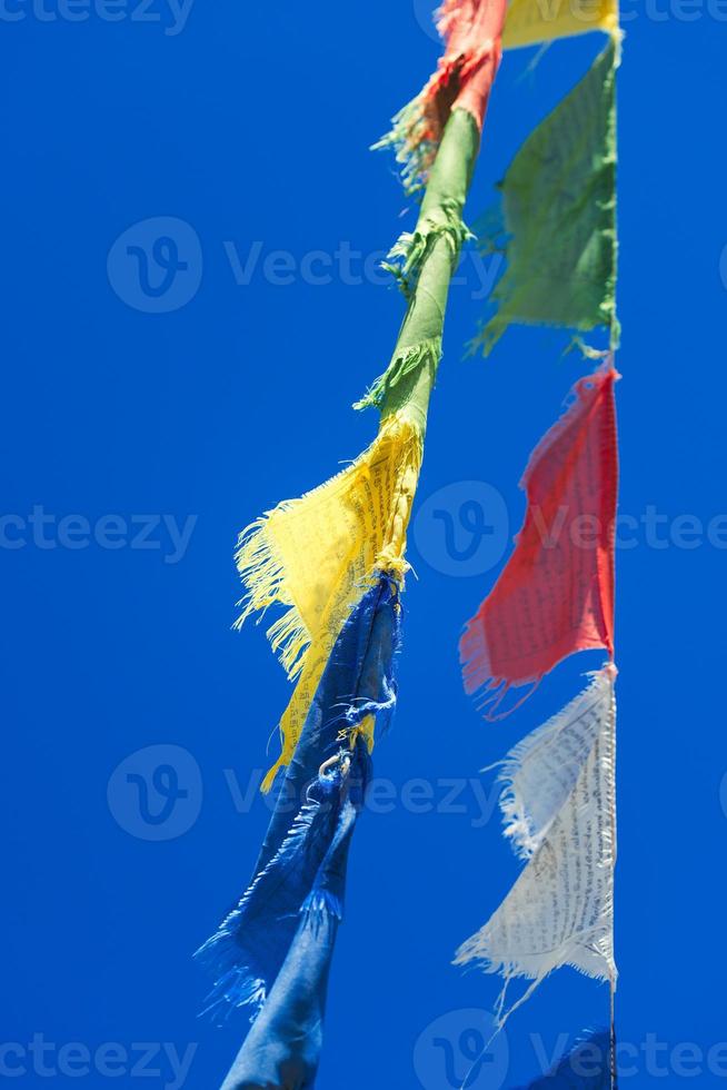 Vertical rows of colorful Tibetan Buddhist prayer flags waving i photo