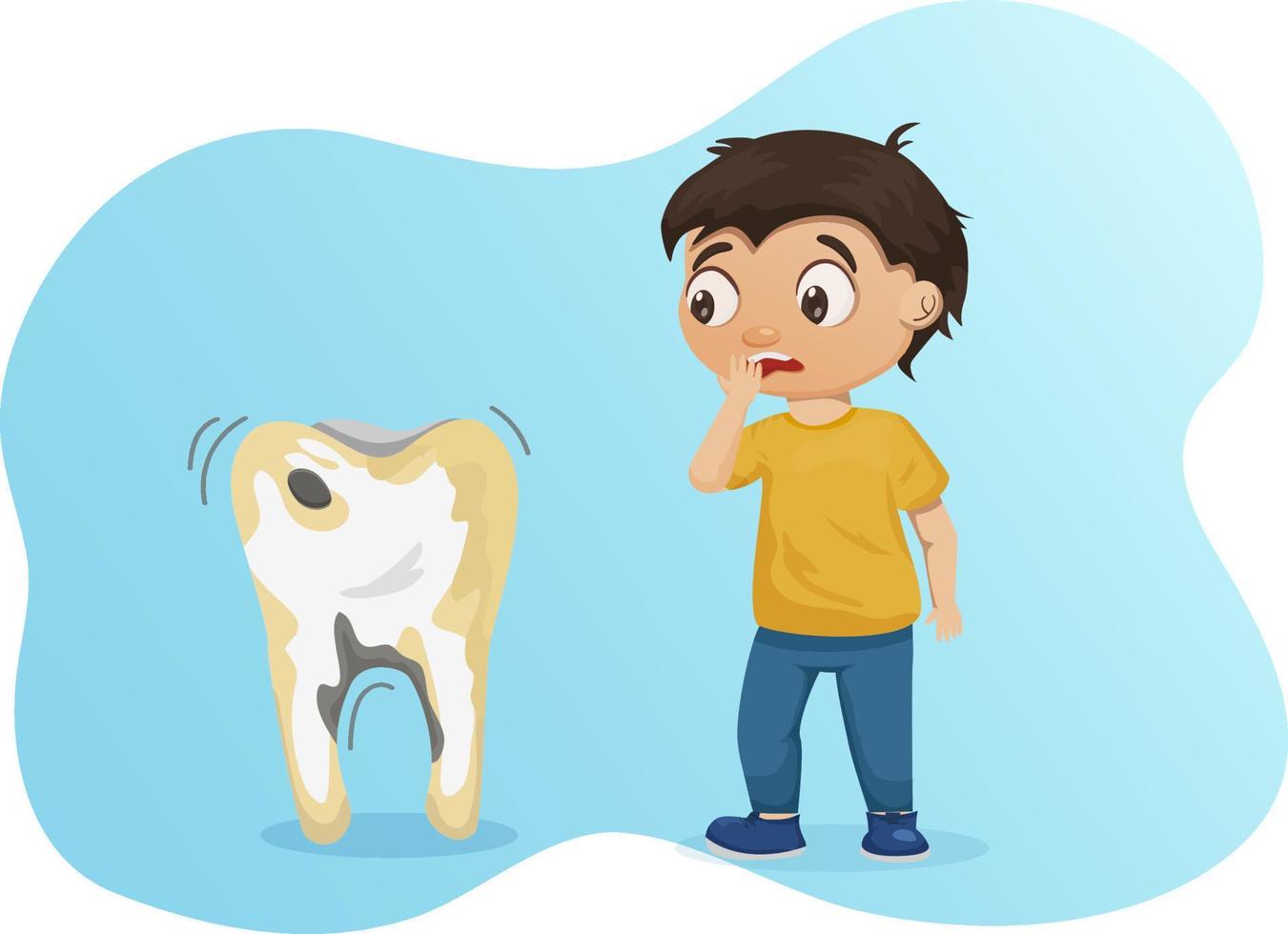 National Children s Dental Health Month vector banner. A boy with bad caries tooth. Protecting teeth and promoting good health, prevention of dental caries in children. Vector illustration.