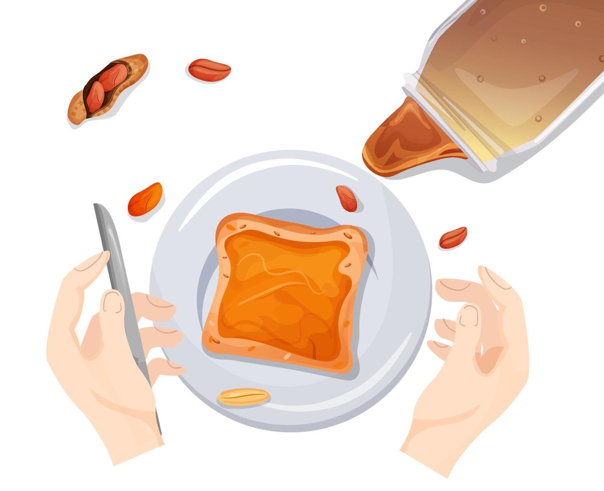 Día de los amantes de la mantequilla de maní. sándwich de mantequilla de maní en un plato con nueces. ilustración vectorial plantilla para diseño web, banner, publicidad, postal vector