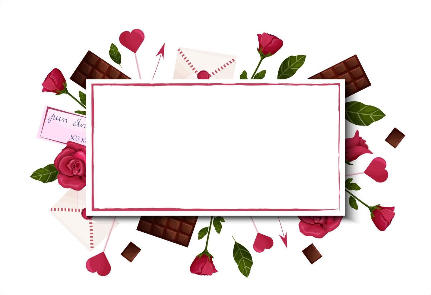 St. Valentine's Day. template for banner, postcard, advertising, on a white background with roses, chocolate, watercolor. vector illustration