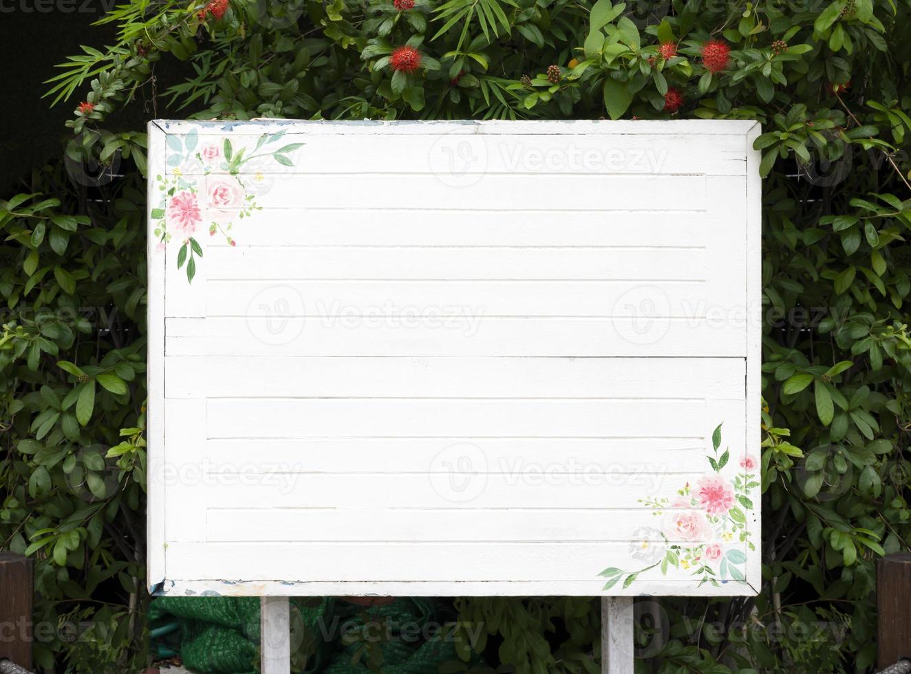 Outdoor white sign with green leaf natural background photo