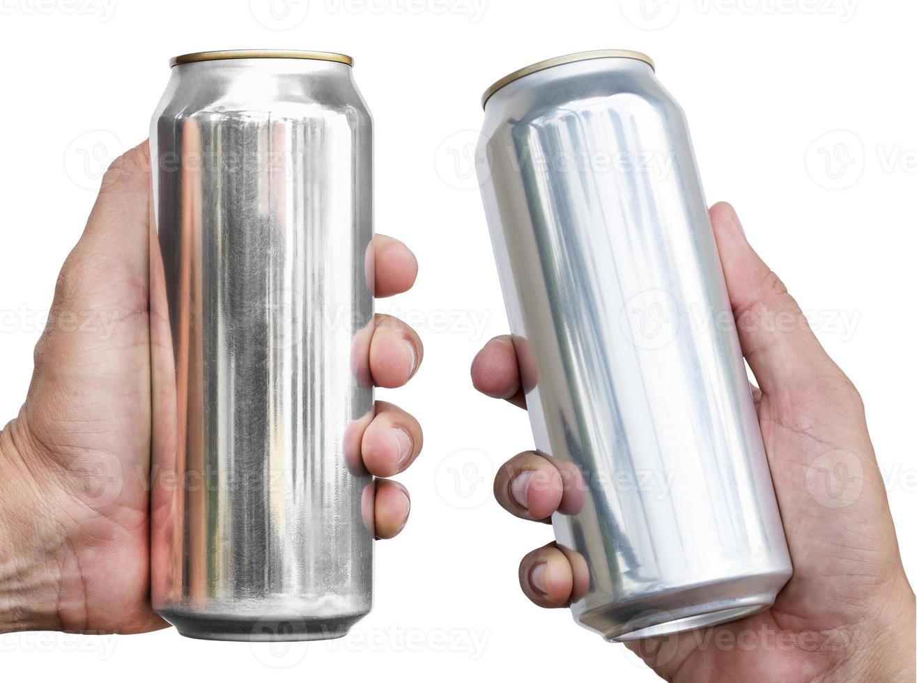 Hand hold mockup shiny aluminum slim can isolated on white background with clipping path photo