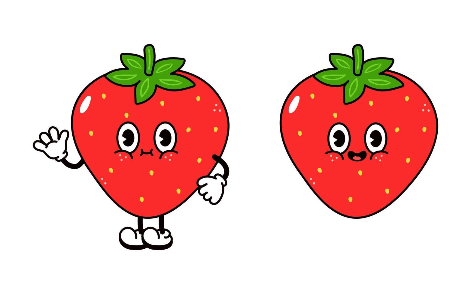 Cute funny Strawberry waving hand character. Vector hand drawn traditional cartoon vintage, retro, kawaii character illustration icon. Isolated on white background. Strawberry character concept