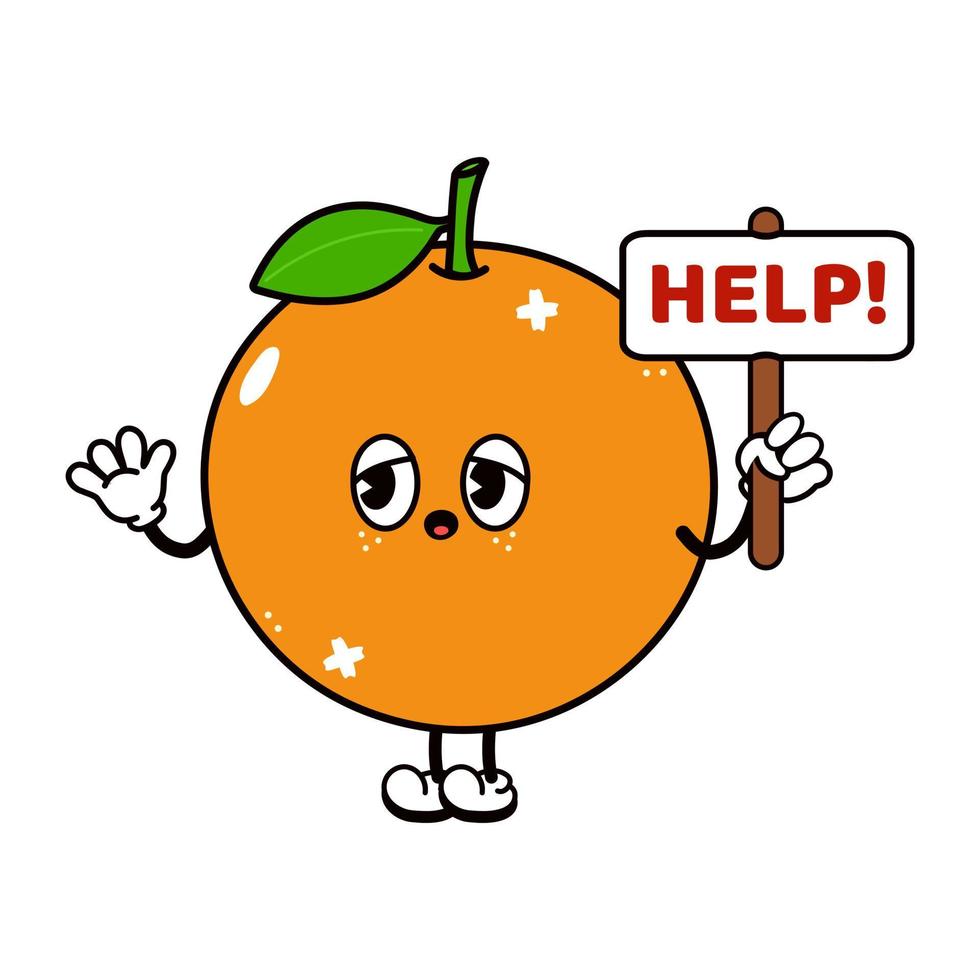 linda fruta naranja divertida con un personaje de ayuda de inscripción. vector dibujado a mano dibujos animados tradicionales vintage, retro, icono de ilustración de carácter kawaii. fondo blanco aislado. personaje de fruta naranja
