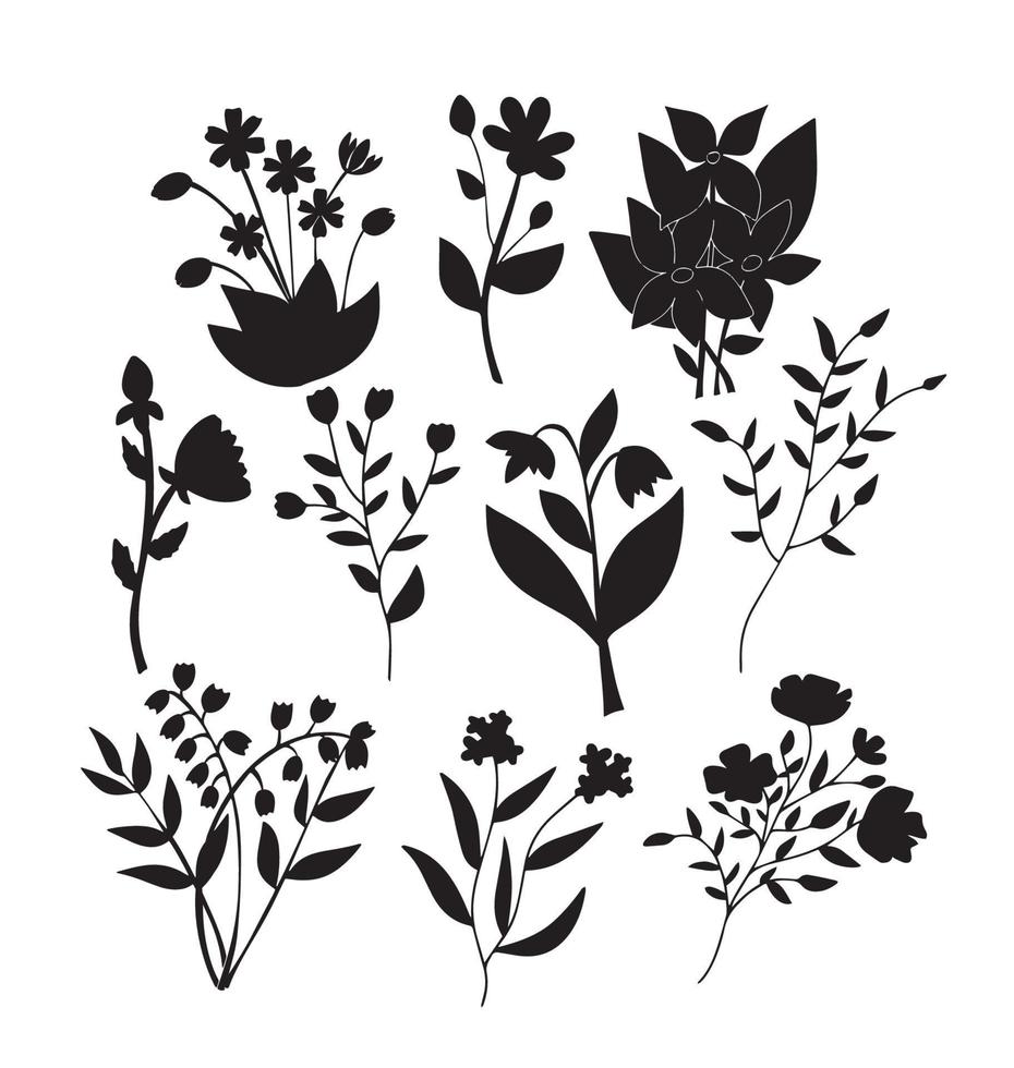 concepto gran conjunto vector diferentes flores plantas silueta negra sobre fondo blanco