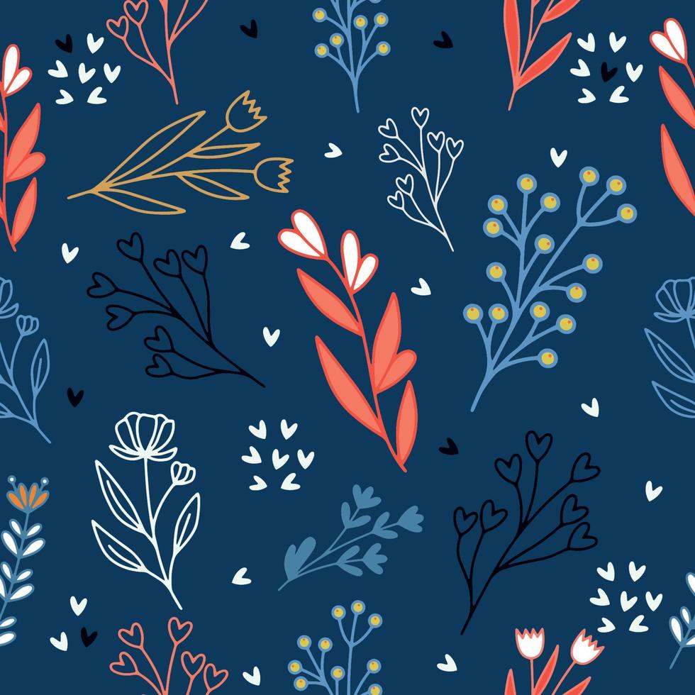 Beautiful seamless vector floral pattern bright light flowers hearts and plant leaves contour on a dark blue purple background Vector flowers