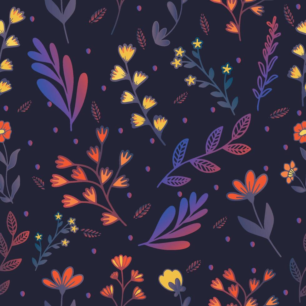 hermoso patrón floral vectorial transparente flores brillantes y hojas del contorno de la planta sobre un fondo azul oscuro violeta flores vectoriales vector