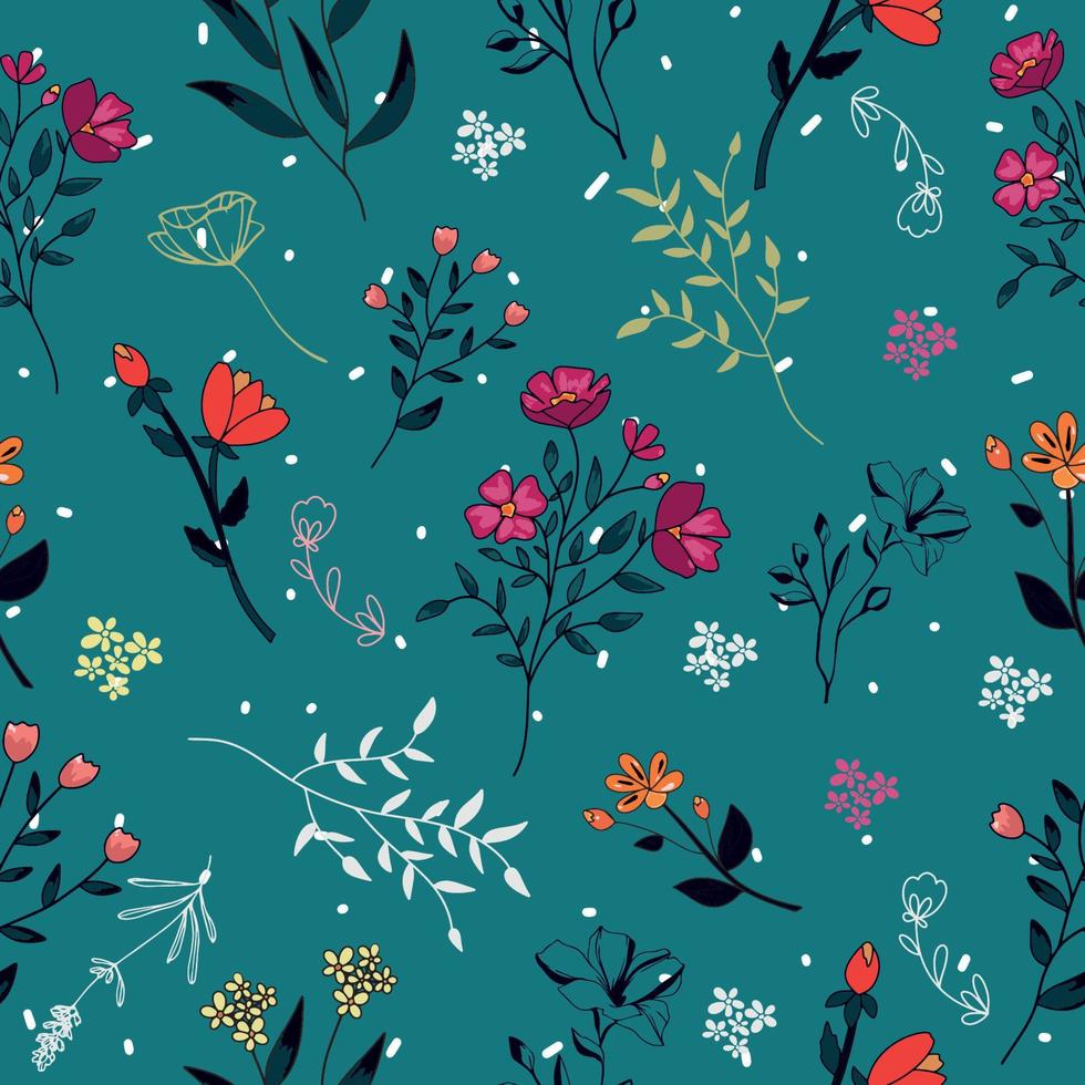 hermoso patrón floral vectorial sin fisuras, fondo de primavera verano flores brillantes y hojas de una planta sobre un fondo de menta verde flores vectoriales vector