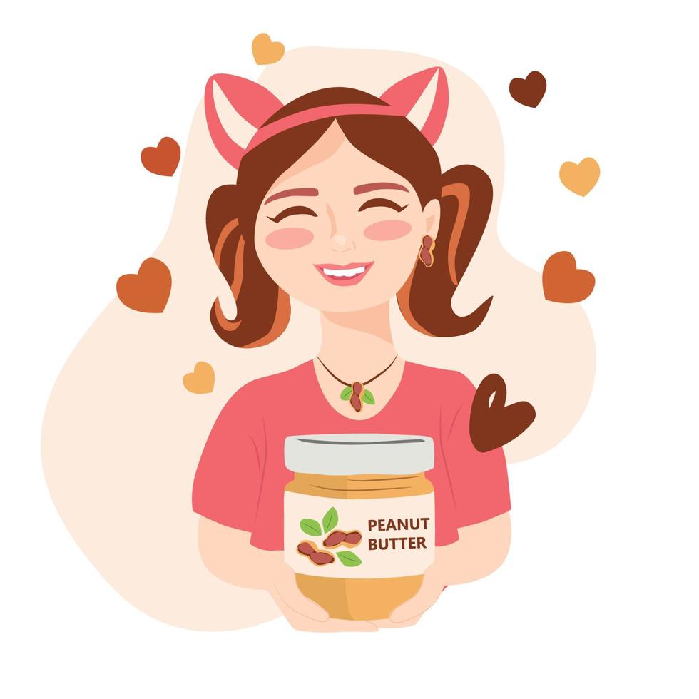 Smiling girl with a bottle jar. Vector Illustration for National Peanut Butter Lovers Day