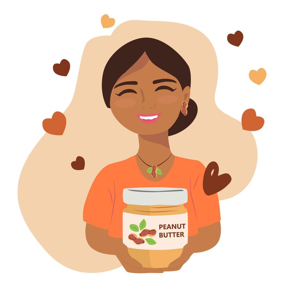 Smiling indian girl with a  peanut buttter bottle jar. Vector Illustration for National Peanut Butter Lovers Day on hearts background.