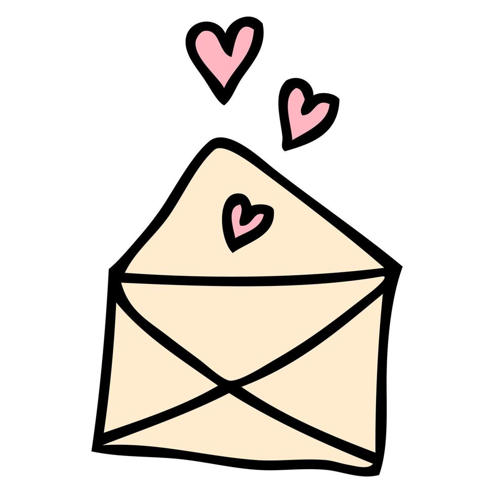 carta de amor de sobre abierto de san valentín dibujada a mano en estilo garabato. perfecto para camisetas, pegatinas, tarjetas. vector