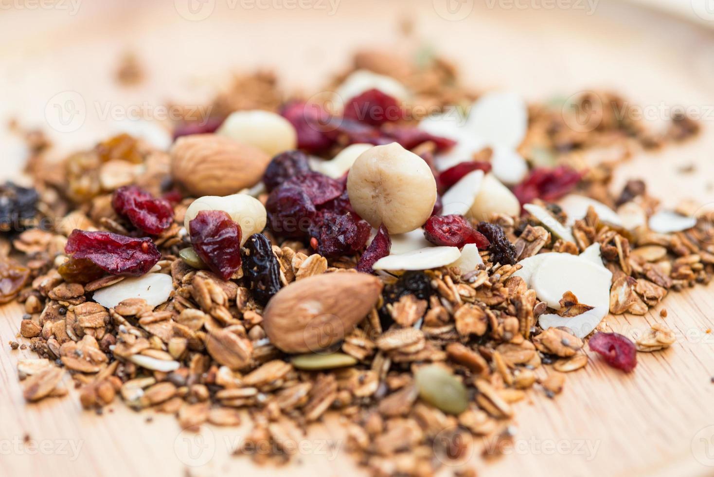 Closed up and blur breakfast healthy food, granola, musli, Organic oat, super food with honey, dried fruits and nuts on wooden plate photo